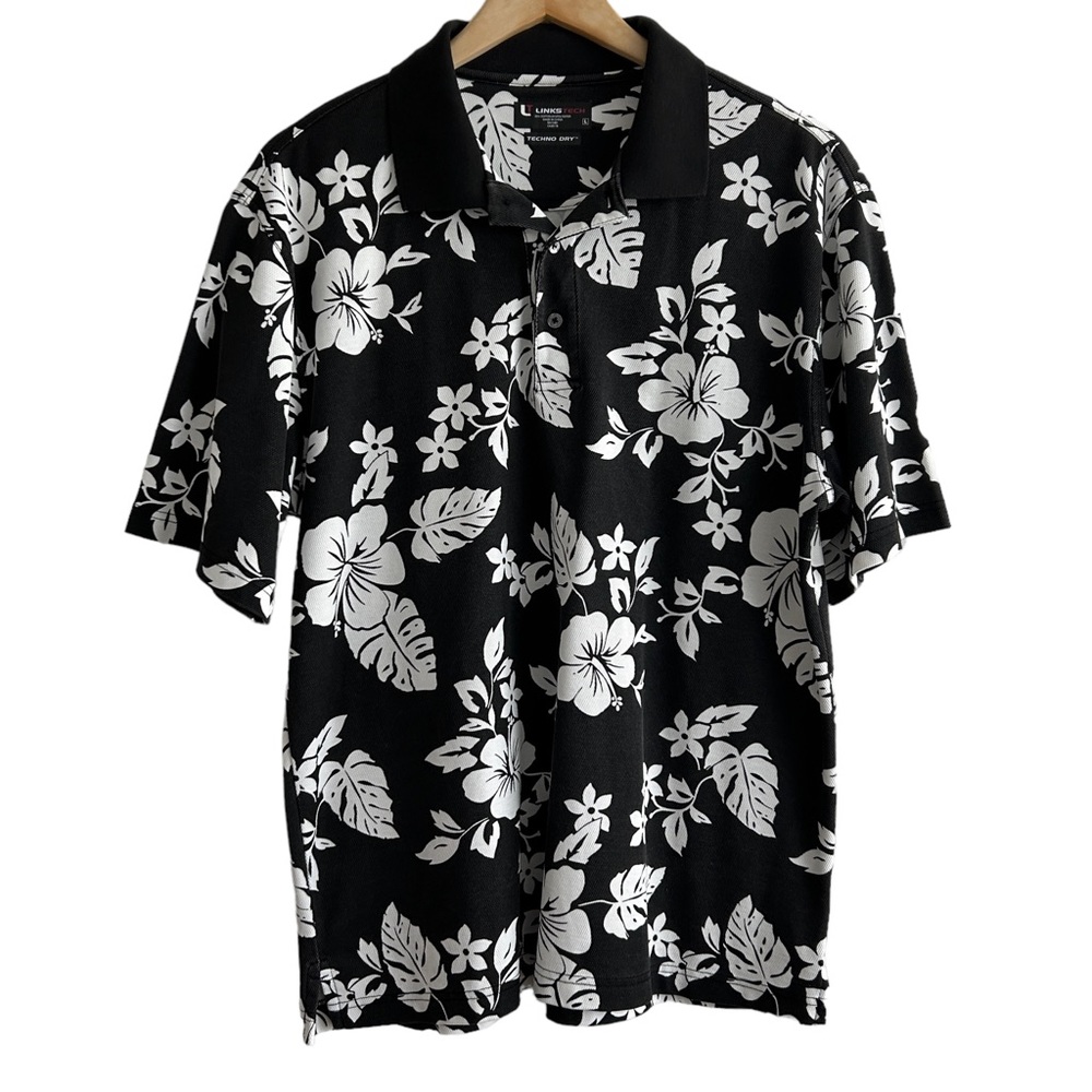 LinksTech Techno Dry Short Sleeve Hibiscus Hawaiian Tropical Print Polo (L)